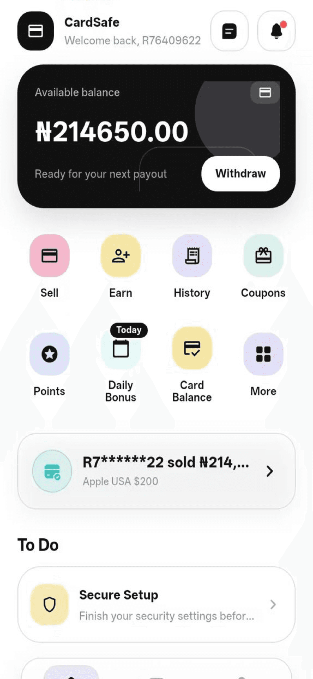 Cardsafe mobile app home screen