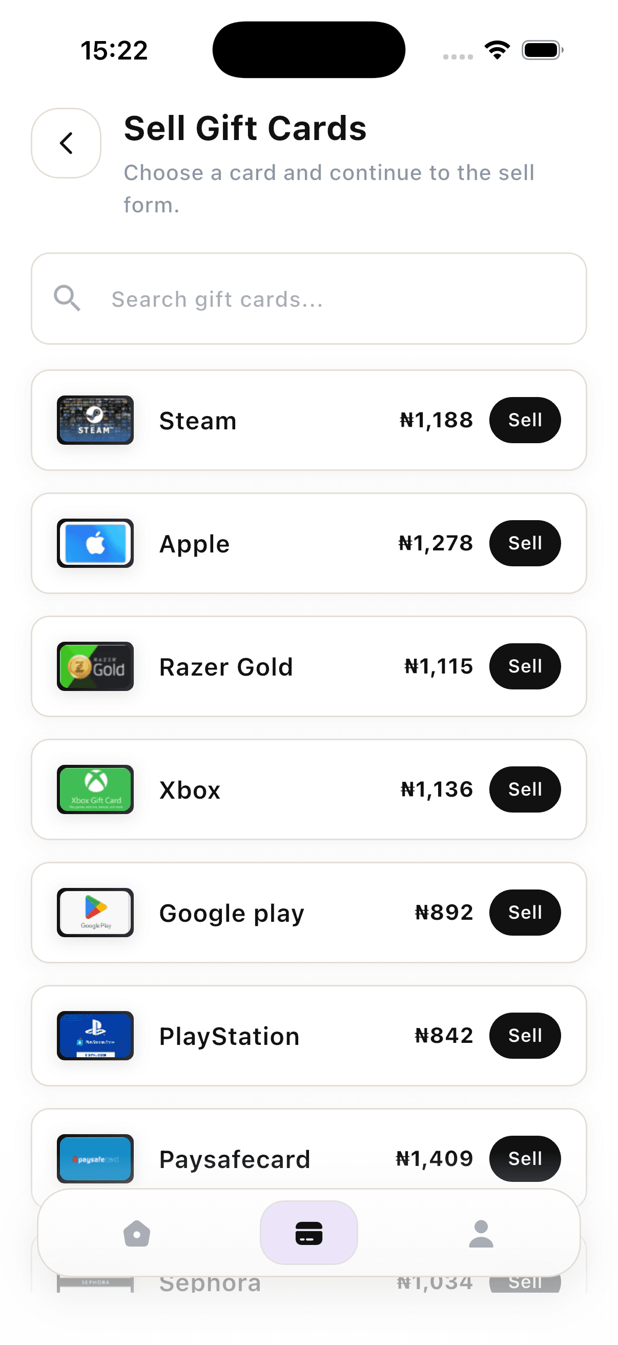 Cardsafe supported gift card brand list including Steam, Apple, Razer Gold, Xbox, Google Play, PlayStation, Paysafecard, and Sephora